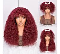 Lizzy 18Inch Curly Human Hair Wigs for Women with Bangs Bouncy Natural Curly Wig 180% Density Long Kinky Curly Hair for Daily Use (Burgundy)