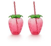 Lizzy 2 Pack Strawberry Cup with Straw 500ml | Fun Summer Drinking Cup with Removable Striped Straw | Reusable Plastic Fruit Tumbler for Kids, Parties, BBQs, Picnics and Outdoor Use (2 Pack)