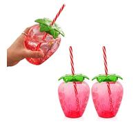 Lizzy 2 Pack Strawberry Cup with Straw 500ml Reusable Plastic Fruit Tumbler with Removable Striped Straw Fun Drinking Cup for Parties BBQ Picnics Summer Outdoor Juice Water Cups