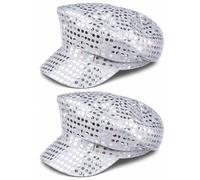 Lizzy 2 x 70s Disco Sequin Hat for Women - Silver Sparkly Glitter Party Cap, Retro Fancy Dress Costume Hat for Girls, Festival Clubwear Dance Accessories, Stylish Cap for Parties and Celebrations