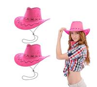 Lizzy 2 x Adult Cowboy Hat Faux Suede Material with Cross Hatch Stitching Detail Wild West Western Sheriff Mens Womens hat Halloween Cow Girl Hats Costume for Fancy Dress Accessories (Pink)