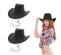Lizzy 2 x Adult Cowboy Hat Faux Suede Material with Cross Hatch Stitching Detail Wild West Western Sheriff Mens Womens hat Halloween Cow Girl Hats Costume for Fancy Dress Accessories (Black)