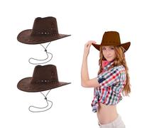 Lizzy 2 x Brown Faux Suede Cowboy Hat Adult with Cross Hatch Stitching Detail Wild West Western Sheriff Mens Womens hat Birthday Halloween Cow Girl Hats Costume for Fancy Dress Accessories