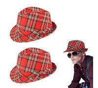 Lizzy 2 X Scottish Tartan Trilby Hat 27cm (Adult) | Tam O'Shanter Hat Scotts Scottish Scotland Goth Punk Mini Burns Night Bay City Rollers Fancy Dress Outfit Accessories Red