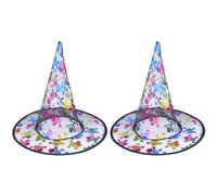Lizzy 2 x Witch's Multicoloured Transparent Hat Halloween Black Witches knitted Wool Wizard Pointed Hats for Adult Kids womens Fancy Dress Accessories Decorations (2 x Multicoloured Skull Design)