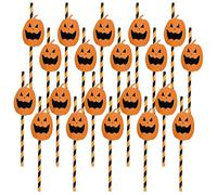 Lizzy 20 Pack Paper Straws | Drinking Black & Orange Stripes Straws with Attached Pumpkin Decorations for Halloween Party Outdoor Picnics, Biodegradable Tableware