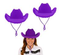 Lizzy 2pcs Fluffy Texan Cowboy Hat Wide Brim Felt with Feather Trim Western Style Fancy Dress for Parties Festivals Halloween Stag Birthday Costume Accessory Lightweight Comfortable Fit - Purple