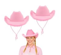 Lizzy 2pcs Fluffy Texan Cowboy Hat Wide Brim Felt with Feather Trim Western Style Fancy Dress for Parties Festivals Halloween Stag Birthday Costume Accessory Lightweight Comfortable Fit - Pink