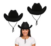 Lizzy 2pcs Fluffy Texan Cowboy Hat Wide Brim Felt with Feather Trim Western Style Fancy Dress for Parties Festivals Halloween Stag Birthday Costume Accessory Lightweight Comfortable Fit - Black