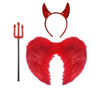 Lizzy 3pc Devil Costume Set Red Angel Wings Sequin Devil Horns & Trident Fork Fancy Dress Accessory for Halloween Party Cosplay