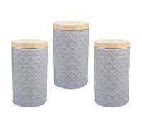 Lizzy 3pc Round Storage Tin | Embossed Kitchen Storage Cannister Jars For Tea, Sugar, Coffee, Oatmeal, Cookies & More | Food Storage Container with Lid (Grey)