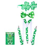 Lizzy 3pc St. Patrick’s Day Fancy Dress Set | Braces, Bow Tie, and Green Shamrock Glasses | 1920S set Irish Costume Accessories for St. Paddy Day Party Festival Accessory
