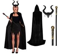 Lizzy 3Pcs Evil Witch Halloween Costume | Cape, Horns Headband & Gold Staff Fancy Dress Costume