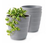 Lizzy 4 Pack Plastic Plant Pots 20cm | Round Flower Pots with Ribbed Design Indoor Outdoor Plant Pots Heavy Duty Garden Planters for Plants Flowers Herbs Stylish Off Grey Pots