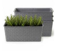 Lizzy 4 Pack Rattan Rectangle Planter Box Large Trough Flower Pot Indoor Outdoor Window Box Herb Vegetable Planter Balcony Garden Container Durable Plastic Woven Design - Light Grey