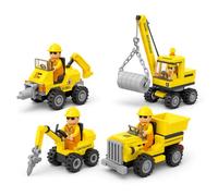 Lizzy 4 x Construction Engineering Building Toy Vehicles Set with Mini Worker Figure - Dump Truck, Excavator, Drill Vehicle & Crane Models - STEM Creative Bricks drive, lift, scoop, drill, swing