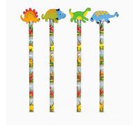 Lizzy 4 x Dinosaur Pencils with Eraser Toppers - 4 Assorted Fun Dino Designs - Kids Party Favours, Loot Bag Fillers, Classroom Rewards, School Stationery Gifts, Drawing (Pack of 04)