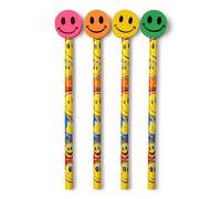 Lizzy 4 x Smile Pencils with Cartoon Eraser Toppers - 4 Assorted Colours (Yellow, Orange, Green, Pink) - Party Favours, Lucky Dip Prizes, School Stationery, Kids Gift Pack (Pack of 12)