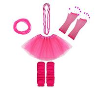Lizzy 5Pc Neon Costume (Leg Warmers + Fishnet Gloves + 3Layer Tutu + Beads Necklace + Gummy Bracelet) Set | 80s Neon Teen Fancy Dress Dance ware Hen Party Accessory (Neon Pink, Older Girls)
