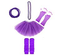 Lizzy 5Pc Neon Costume (Leg Warmers + Fishnet Gloves + 3Layer Tutu + Beads Necklace + Gummy Bracelet) Set | 80s Neon Teen Fancy Dress Dance ware Hen Party Accessory (Purple, Ladies)