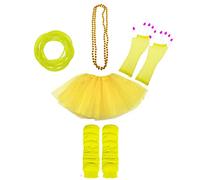 Lizzy 5Pc Neon Costume (Leg Warmers + Fishnet Gloves + 3Layer Tutu + Beads Necklace + Gummy Bracelet) Set | 80s Neon Teen Fancy Dress Dance ware Hen Party Accessory (Yellow, Older Girls)