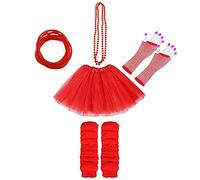 Lizzy 5Pc Neon Costume (Leg Warmers + Fishnet Gloves + 3Layer Tutu + Beads Necklace + Gummy Bracelet) Set | 80s Neon Teen Fancy Dress Dance ware Hen Party Accessory (Red, Kids)