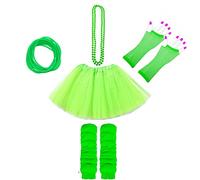 Lizzy 5Pc Neon Costume (Leg Warmers + Fishnet Gloves + 3Layer Tutu + Beads Necklace + Gummy Bracelet) Set | 80s Neon Teen Fancy Dress Dance ware Hen Party Accessory (Neon Green, Ladies)