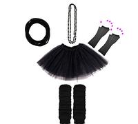 Lizzy 5Pc Neon Costume (Leg Warmers + Fishnet Gloves + 3Layer Tutu + Beads Necklace + Gummy Bracelet) Set | 80s Neon Teen Fancy Dress Dance ware Hen Party Accessory (Black, Kids)