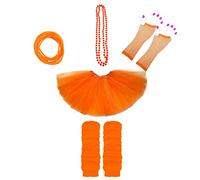 Lizzy 5Pc Neon Costume (Leg Warmers + Fishnet Gloves + 3Layer Tutu + Beads Necklace + Gummy Bracelet) Set | 80s Neon Teen Fancy Dress Dance ware Hen Party Accessory (Neon Orange, Kids)