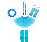 Lizzy 5Pc Neon Costume (Leg Warmers + Fishnet Gloves + 3Layer Tutu + Beads Necklace + Gummy Bracelet) Set | 80s Neon Teen Fancy Dress Dance ware Hen Party Accessory (Light Blue, Ladies)