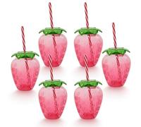 Lizzy 6 Pack Strawberry Cup with Straw 500ml | Fun Summer Drinking Cup with Removable Striped Straw | Reusable Plastic Fruit Tumbler for Kids, Parties, BBQs, Picnics and Outdoor Use (6 Pack)