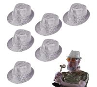 Lizzy 6 x Adult Silver Sequin Gangster Hat | 70'S Disco Hat Sequin Fedora Hat for Party Hip-Hop Sequin Hat,Shiny Disco Hat for Hen Party Night Fancy dress Disco Theme Dance Costume Accessory