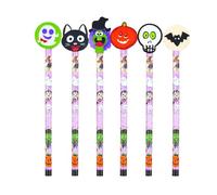 Lizzy 6 x Halloween Pencils with Erasers - 6 Pack Spooky Stationery Set - Assorted Skull, Pumpkin, Witch, Bat, Cat & Ghost Toppers - Trick or Treat Party Favour Bag Fillers for Kids (Pack of 24)