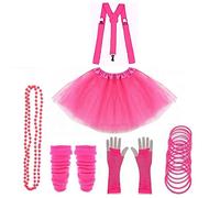 Lizzy 6Pc Neon Costume (Leg Warmers + Fishnet Gloves + 3Layer Tutu + Braces + Beads Necklace + Gummy Bracelet) Set | 80s Neon Teen Fancy Dress Dance ware Hen Party Accessory (Neon Pink, Girls)