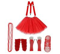 Lizzy 6Pc Neon Costume (Leg Warmers + Fishnet Gloves + 3Layer Tutu + Braces + Beads Necklace + Gummy Bracelet) Set | 80s Neon Teen Fancy Dress Dance ware Hen Party Accessory (Red, Older Girls)
