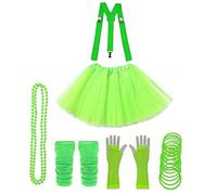 Lizzy 6Pc Neon Costume (Leg Warmers+Fishnet Gloves 3Layer Tutu+Braces + Beads Necklace + Gummy Bracelet) Set | 80s Neon Teen Fancy Dress Dance ware Hen Party Accessory (Neon Green, Girls)