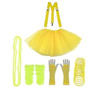 Lizzy 6Pc Neon Costume (Leg Warmers + Fishnet Gloves + 3Layer Tutu + Braces + Beads Necklace + Gummy Bracelet) Set | 80s Neon Teen Fancy Dress Dance ware Hen Party Accessory (Yellow, Girls)