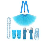 Lizzy 6Pc Neon Costume (Leg Warmers + Fishnet Gloves + 3Layer Tutu + Braces + Beads Necklace + Gummy Bracelet) Set | 80s Neon Teen Fancy Dress Hen Party Accessory (Light Blue, Ladies)