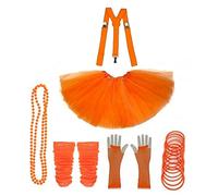 Lizzy 6Pc Neon Costume (Leg Warmers+Fishnet Gloves+3Layer Tutu+Braces+Beads Necklace+Gummy Bracelet) Set | 80s Neon Teen Fancy Dress Dance ware Hen Party Accessory (Neon Orange, Girls)