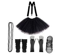 Lizzy 6Pc Neon Costume (Leg Warmers + Fishnet Gloves + 3Layer Tutu + Braces + Beads Necklace + Gummy Bracelet) Set | 80s Neon Teen Fancy Dress Hen Party Accessory (Black, Ladies)