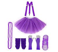 Lizzy 6Pc Neon Costume (Leg Warmers + Fishnet Gloves + 3Layer Tutu + Braces + Beads Necklace + Gummy Bracelet) Set | 80s Neon Teen Fancy Dress Hen Party Accessory (Purple, Older Girls)