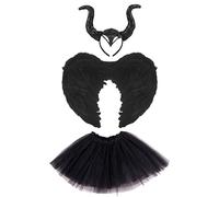 Lizzy Adult Black Devil Costume Set | Black Tutu Skirt, Feather Wings & Devil Horns Headband | Women's Halloween Fancy Dress Cosplay Party Outfit