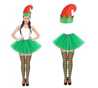 Lizzy Adult Elf Tutu Costume | Christmas Elf Hat + Plain Green Tutu Skirt + Red and Green Tights | Xmas Female, Womens, Girls Fancy Dress Costume Accessory Santa's Helper
