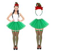 Lizzy Adult Elf Tutu Costume | Christmas Elf Headband with bell + Plain Green Tutu Skirt + Red and Green Tights | Xmas Female, Womens, Girls Fancy Dress Costume Accessory Santa's Helper