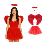 Lizzy Adult Fairy Angel Costume | Women’s Fancy Dress Outfit with Halo, Feather Wings & Tutu Skirt | Ladies Halloween, Christmas, Carnival & Party Costume Accessories (Red Angel)