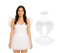 Lizzy Adult Fairy Angel Costume | Women’s Fancy Dress Outfit with Halo, Feather Wings & Tutu Skirt | Ladies Halloween, Christmas, Carnival & Party Costume Accessories (White Angel)