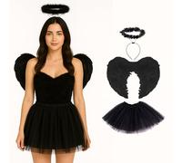 Lizzy Adult Fairy Angel Costume | Women’s Fancy Dress Outfit with Halo, Feather Wings & Tutu Skirt | Ladies Halloween, Christmas, Carnival & Party Costume Accessories (Black Angel)