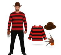 Lizzy Adult Freddy Costume 3PC Set | Official Nightmare on Elm Street Inspired Fancy Dress for Halloween & Horror Cosplay | Includes Brown Hat, Striped Jumper & Claw Glove (Top with Hat & Claw)