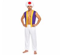 Lizzy Adult Men’s Mushroom Man Fancy Dress Costume Retro Video Game Character Toad Style Outfit with Padded Hat Purple Waistcoat & White Trousers