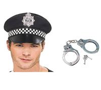 Lizzy Adult Policeman Hat Police Cop Halloween Fancy Dress Costume Peak Cap With Check Band and Handcuffs (Unisex Police Hat & Metal handcuff)